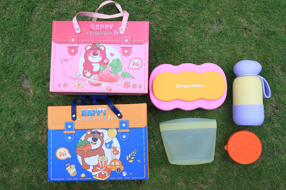 Macaron ซิลิโคน อาหารกลางวันชุดของขวัญ กล่องเบนโต้แบ่งออก กระป๋องเหล็กไร้สแตนเลส 304 กระเป๋าอาหารซิลิโคนและถังเก็บของ เครื่องครัววันหยุดที่เป็นมิตรต่อสิ่งแวดล้อม