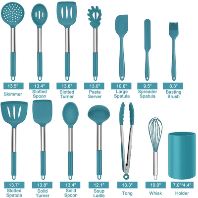 14 ชิ้น เครื่องครัวเครื่องครัวซิลิโคน เซ็ตพร้อมมือเหล็กไร้ขัด เครื่องมือครัว เซ็ตสําหรับเครื่องครัวไม่ติด
