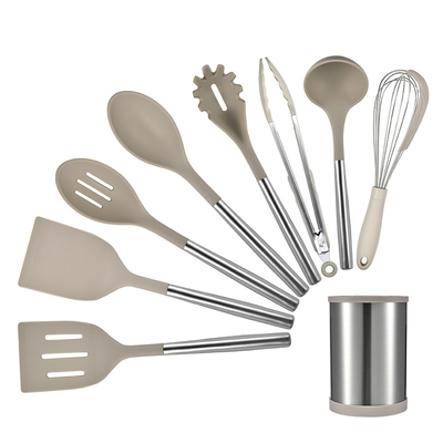 9pcs ซิลิโคนเครื่องใช้ครัว ชุดเครื่องใช้ครัว Nonstick กับมือเหล็กไร้สแตนเลส